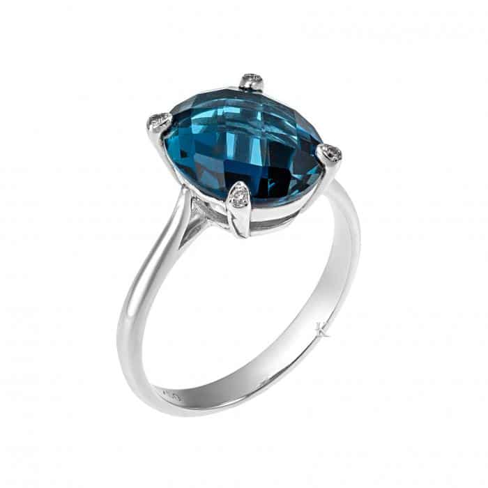 Δαχτυλίδι Λευκόχρυσος Κ18 με London Blue Topaz & Διαμάντια