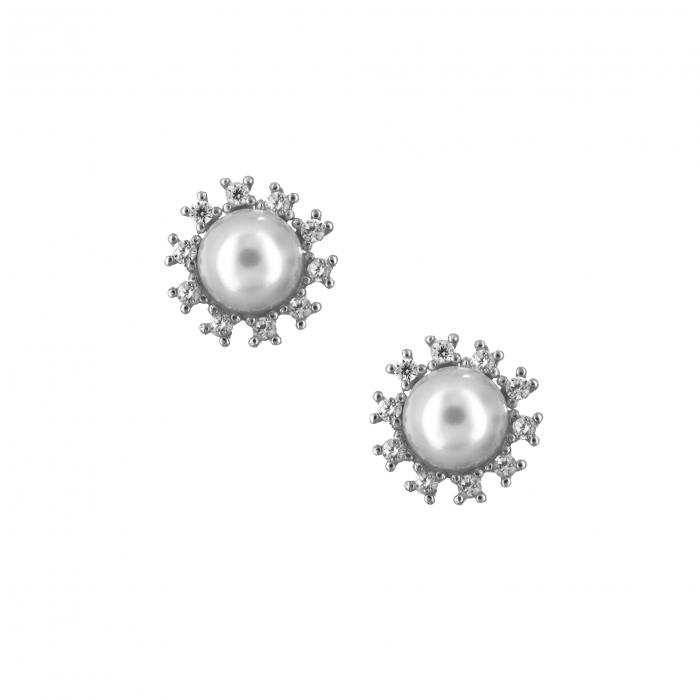 SKU-8183 / Σκουλαρίκια Λευκόχρυσος Κ14 με Ζιργκόν & Μαργαριτάρι
