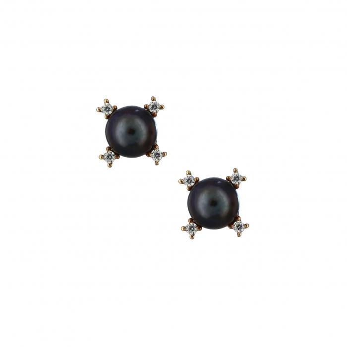SKU-8189 /  Σκουλαρίκια Ροζ Χρυσός Κ14 με Μαύρα Μαργαριτάρια & Ζιργκόν