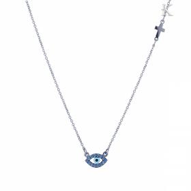 Κολιέ Ματάκι με Σταυρό Λευκόχρυσος Κ14 με Ζιργκόν & Φίλντισι SKU-9044