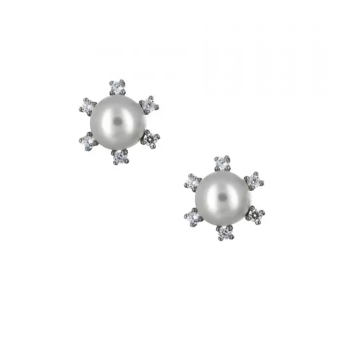SKU-12495 /  Σκουλαρίκια Λευκόχρυσος Κ14 με Ζιργκόν & Μαργαριτάρι