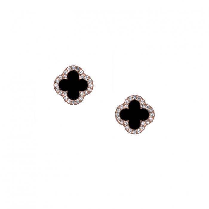 SKU-12546 / Σκουλαρίκια Ροζ Χρυσός Κ14 με Ζιργκόν & Μαύρο Όνυχα 