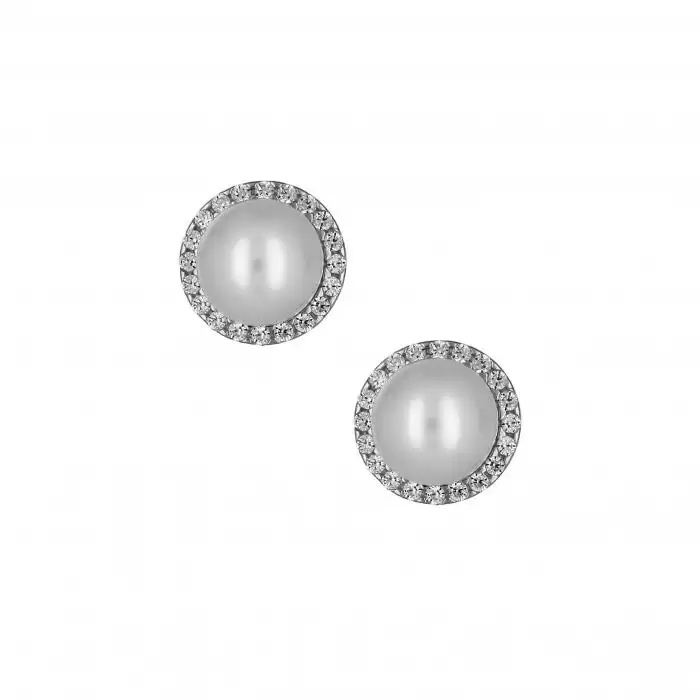 SKU-14810 / Σκουλαρίκια Λευκόχρυσος Κ14 με Ζιργκόν & Μαργαριτάρι
