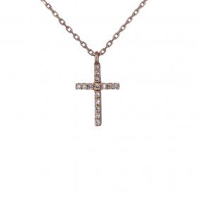 Κολιέ Σταυρός Ροζ Χρυσός Κ18 με Διαμάντια SKU-18449