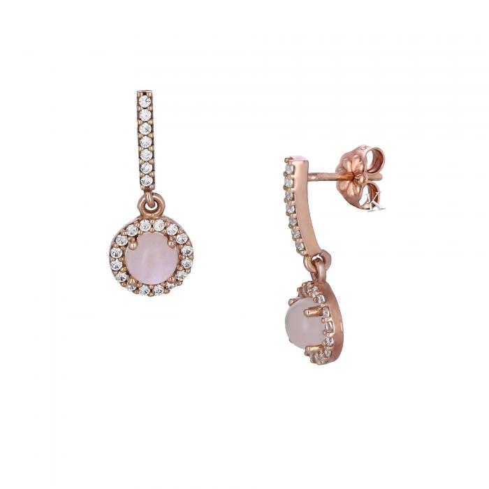 Σκουλαρίκια Ροζ Χρυσός Κ14 με Rose Quartz & Ζιργκόν