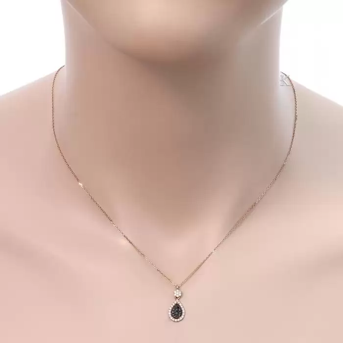 Κολιέ Δάκρυ Ροζ Χρυσός Κ18 με Μαύρα & Λευκά Διαμάντια SKU-24619