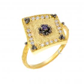Δαχτυλίδι Βυζαντινό Στυλ Χρυσός Κ14 με Λευκά & Μοβ Ζιργκόν SKU-27031