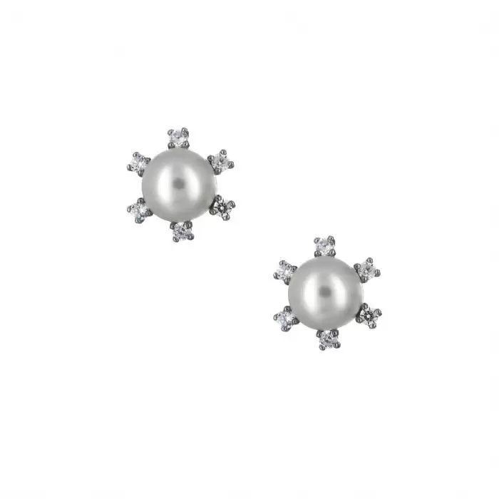 SKU-29403 /  Σκουλαρίκια Λευκόχρυσος Κ14 με Μαργαριτάρια & Ζιργκόν