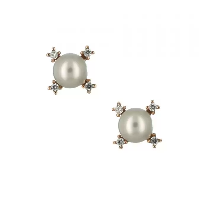 SKU-29253 /  Σκουλαρίκια Ροζ Χρυσός Κ14 με Μαργαριτάρια & Ζιργκόν