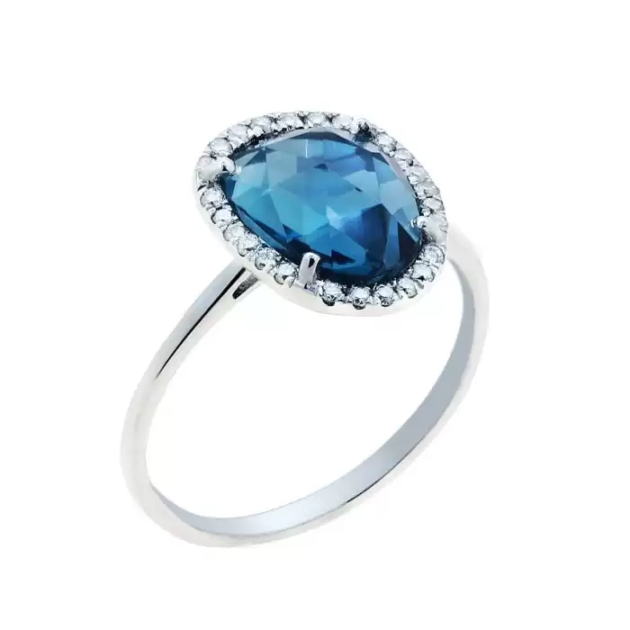 SKU-30922 / Δαχτυλίδι Λευκόχρυσος Κ18 με Διαμάντια & London Blue Topaz 