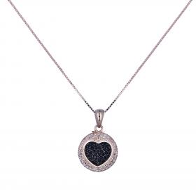 Κολιέ με Καρδιά Ασήμι 925 με Λευκά & Μαύρα Ζιργκόν SKU-31128
