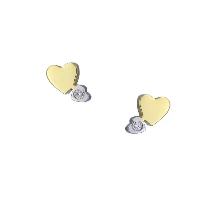 SKU-33273 / Σκουλαρίκια Καρδιές Χρυσός & Λευκόχρυσος Κ14 με Ζιργκόν