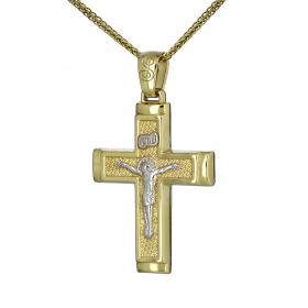 Σταυρός Χρυσός & Λευκόχρυσος Κ14 Διπλής Όψεως με Εσταυρωμένο SKU-34766