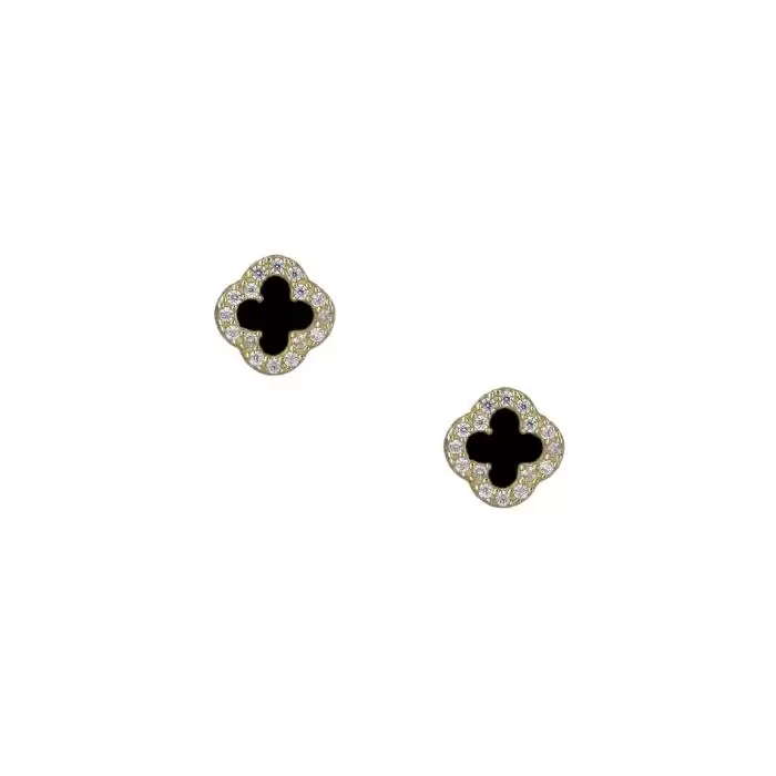 SKU-37028 / Σκουλαρίκια με Σταυρό Χρυσός Κ14 με Ζιργκόν & Μαύρο Όνυχα