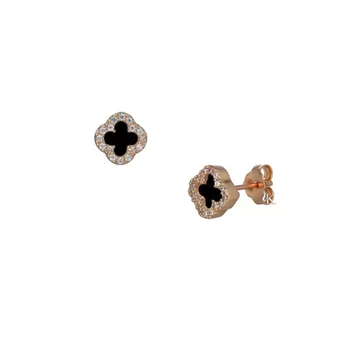 SKU-37650 / Σκουλαρίκια Ροζ Χρυσός Κ14 με Ζιργκόν & Μαύρο Όνυχα