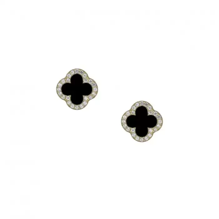 SKU-37031 / Σκουλαρίκια Χρυσός Κ14 με Μαύρο Όνυχα & Ζιργκόν