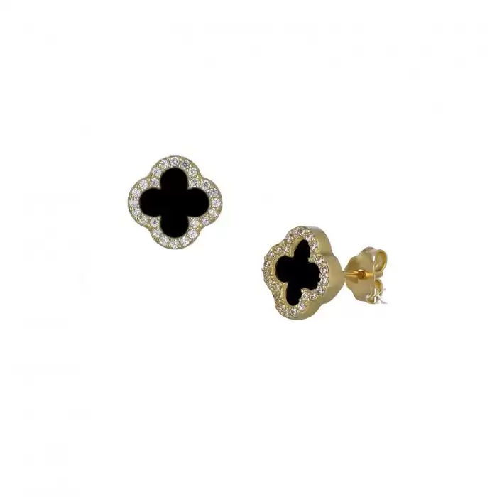 SKU-37031 / Σκουλαρίκια Χρυσός Κ14 με Μαύρο Όνυχα & Ζιργκόν
