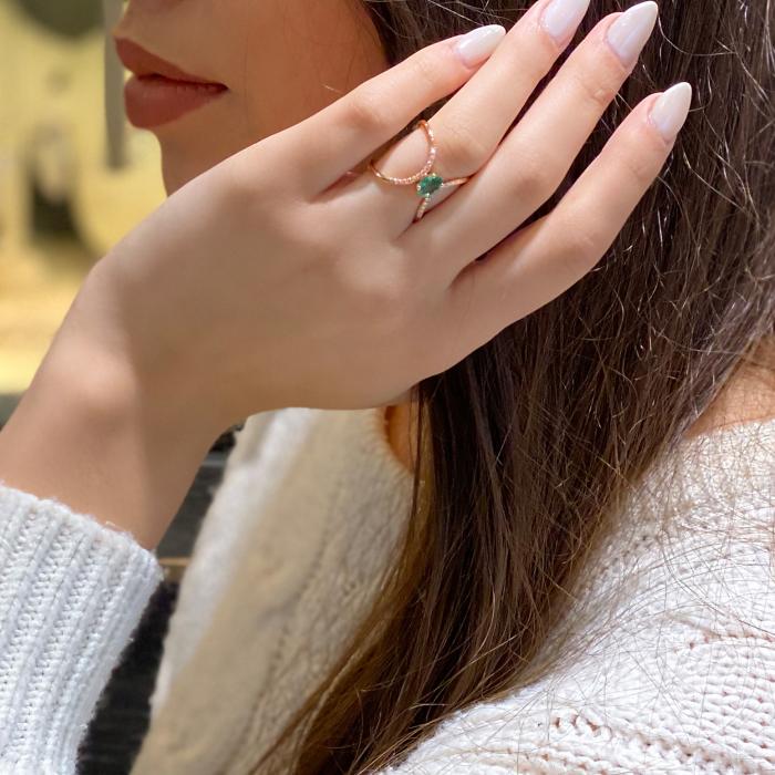 Δαχτυλίδι Ροζ Χρυσός Κ18 με Σμαράγδι & Διαμάντια