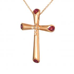 Σταυρός με Αλυσίδα Χειροποίητος Ροζ Χρυσός Κ18 με Ρουμπίνια & Διαμάντια