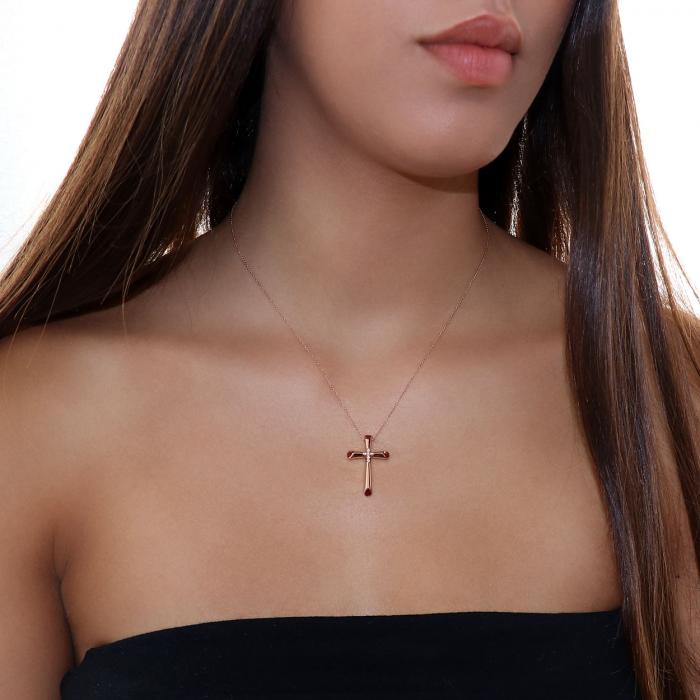 Σταυρός με Αλυσίδα Χειροποίητος Ροζ Χρυσός Κ18 με Ρουμπίνια & Διαμάντια