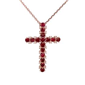 Σταυρός με Αλυσίδα Ροζ Χρυσός Κ18 με Ρουμπίνια & Διαμάντια