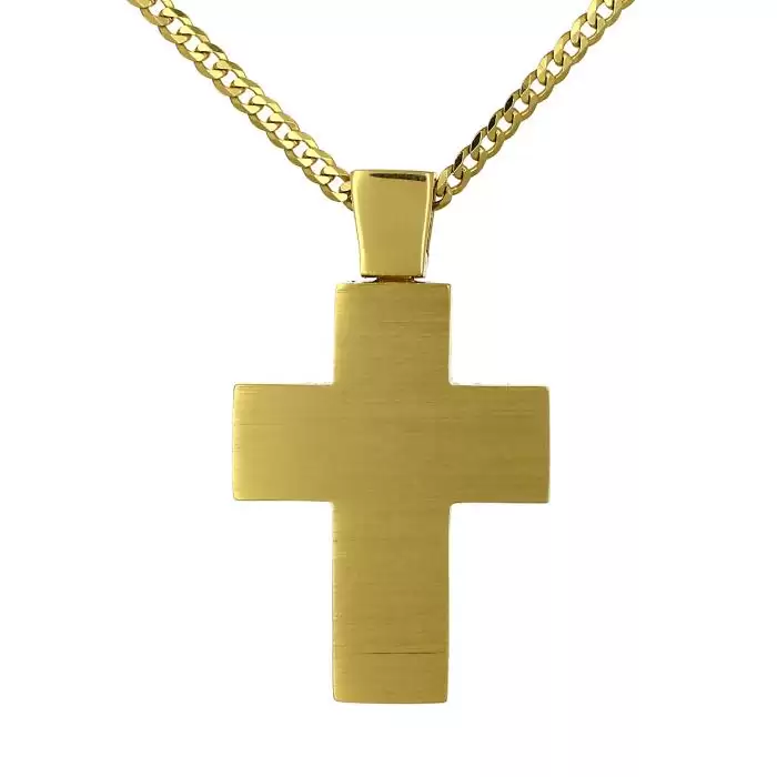 Σταυρός με Αλυσίδα Χρυσός Κ14 Διπλής Όψεως με Λουστρέ & Ματ Φινίρισμα