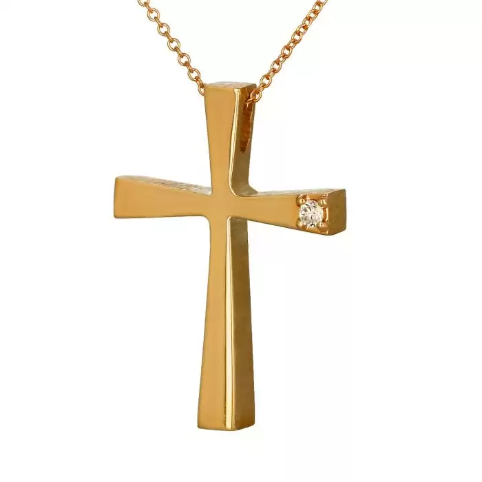 Σταυρός Τριάντος με Αλυσίδα Ροζ Χρυσός Κ14 με Διαμάντι