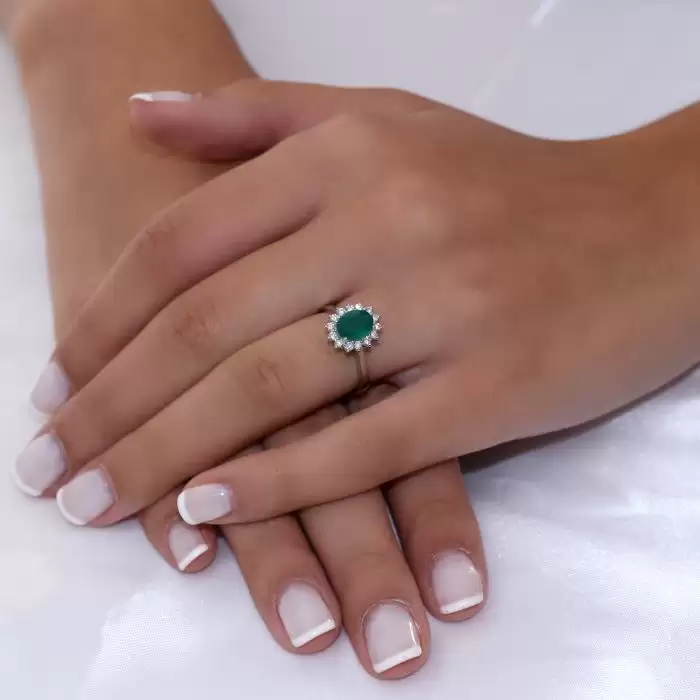 SKU-48195 /  Δαχτυλίδι Ροζέτα Λευκόχρυσος Κ18 με Σμαράγδι & Διαμάντια