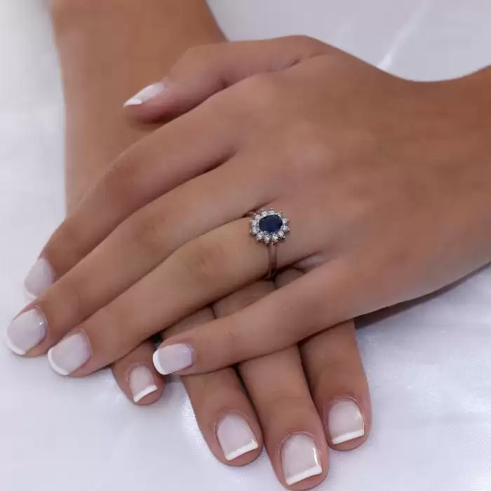 SKU-48197 /  Δαχτυλίδι Ροζέτα Λευκόχρυσος Κ18 με Ζαφείρι & Διαμάντια