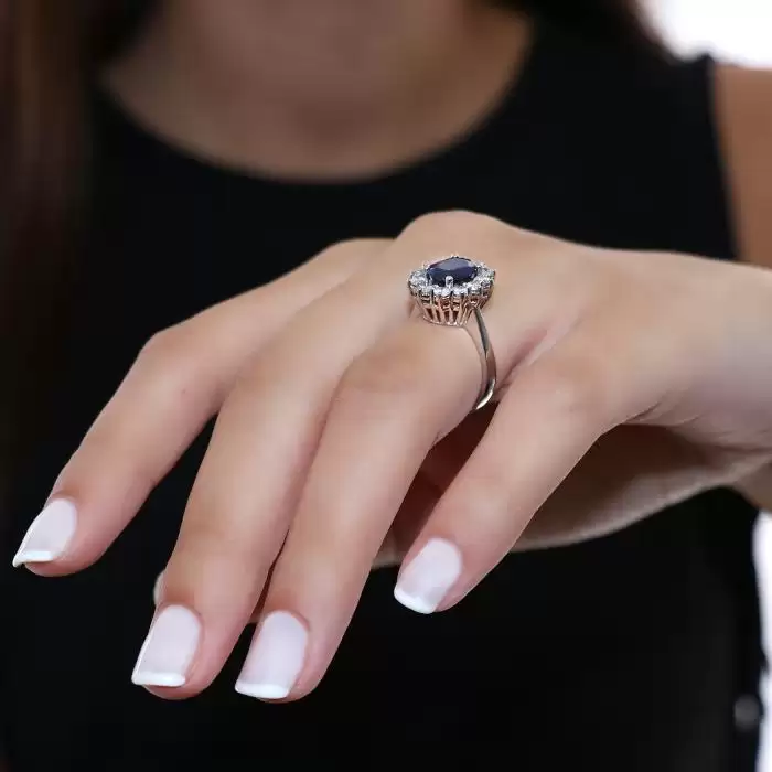 SKU-48200 /  Δαχτυλίδι Ροζέτα Λευκόχρυσος Κ18 με Ζαφείρι & Διαμάντια