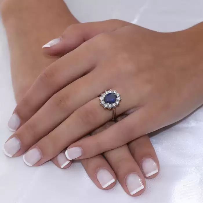 SKU-48200 /  Δαχτυλίδι Ροζέτα Λευκόχρυσος Κ18 με Ζαφείρι & Διαμάντια