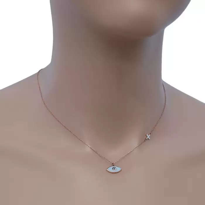 Κολιέ Ματάκι Ροζ Χρυσός Κ14 με Ζιργκόν & Σμάλτο SKU-48327
