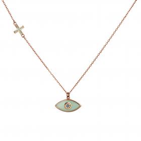 Κολιέ Ματάκι Ροζ Χρυσός Κ14 με Ζιργκόν & Σμάλτο SKU-48327