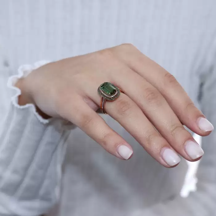 Δαχτυλίδι Ροζ Χρυσός Κ18 με Green Tourmaline & Διαμάντια