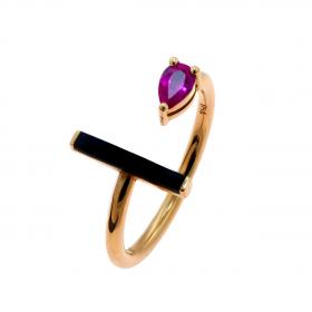 Δαχτυλίδι Ροζ Χρυσός Κ18 με Ρουμπίνι και Μαύρο Σμάλτο