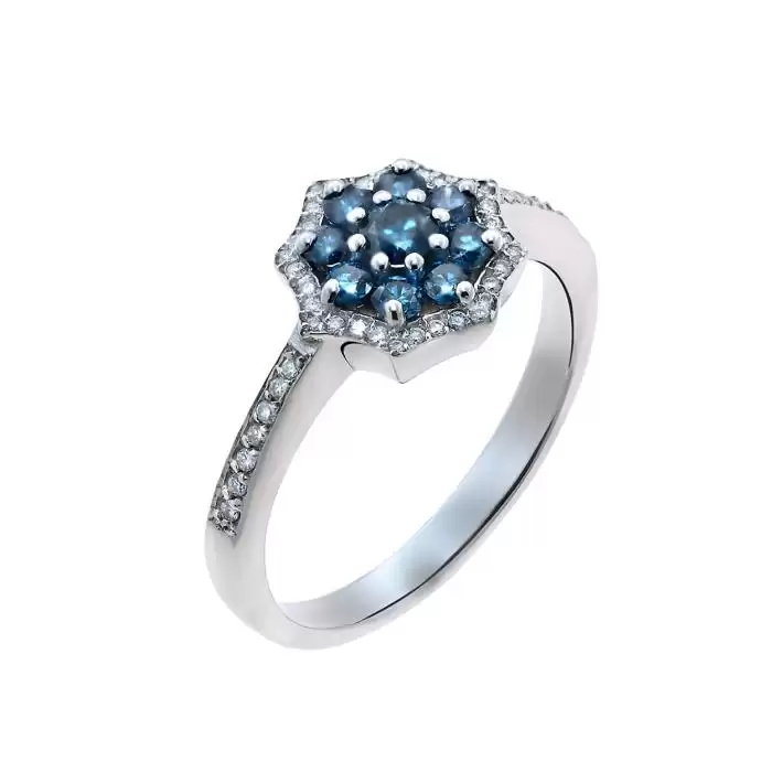 SKU-49525 / Δαχτυλίδι Ροζέτα Λευκόχρυσος Κ18 με Μπλε & Λευκά Διαμάντια