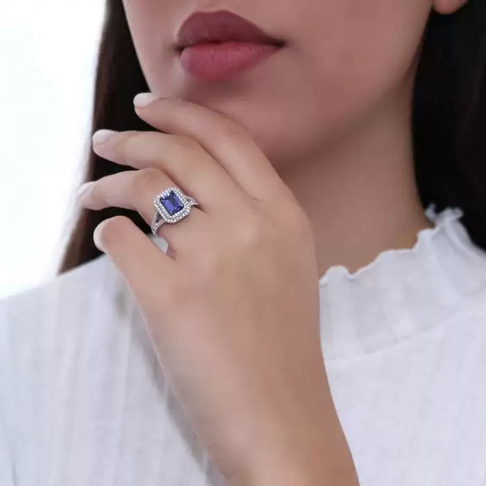 SKU-49399 / Δαχτυλίδι Ροζέτα Λευκόχρυσος Κ18 με Τανζανίτη & Διαμάντια