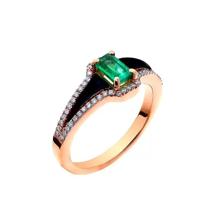 SKU-49522 / Δαχτυλίδι Ροζ Χρυσός Κ18 με Σμαράγδι, Διαμάντια & μαύρο Σμάλτο