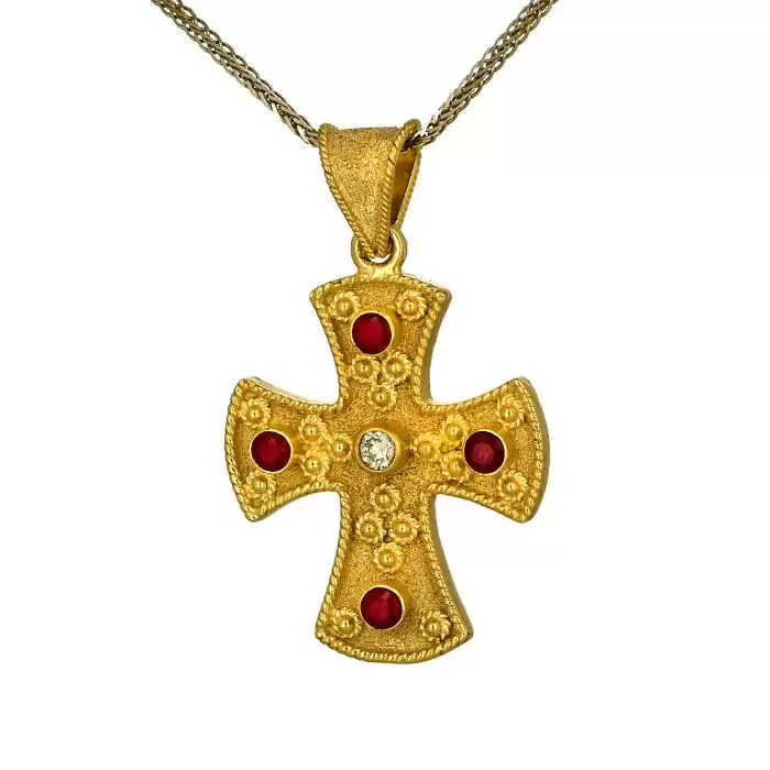 SKU-49496 / Σταυρός Bυζαντινός Χειροποίητος Χρυσός Κ18 με Ρουμπίνια & Διαμάντι