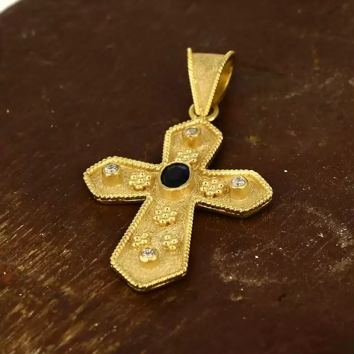 SKU-49497 / Σταυρός Bυζαντινός Χειροποίητος Χρυσός Κ18 με Ζαφείρι & Διαμάντια
