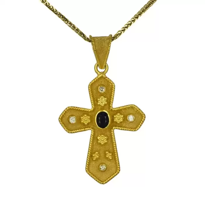 SKU-49497 / Σταυρός Bυζαντινός Χειροποίητος Χρυσός Κ18 με Ζαφείρι & Διαμάντια