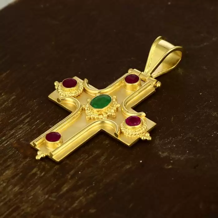 Σταυρός Χειροποίητος Βυζαντινός Χρυσός Κ18 με Σμαράγδι & Ρουμπίνια