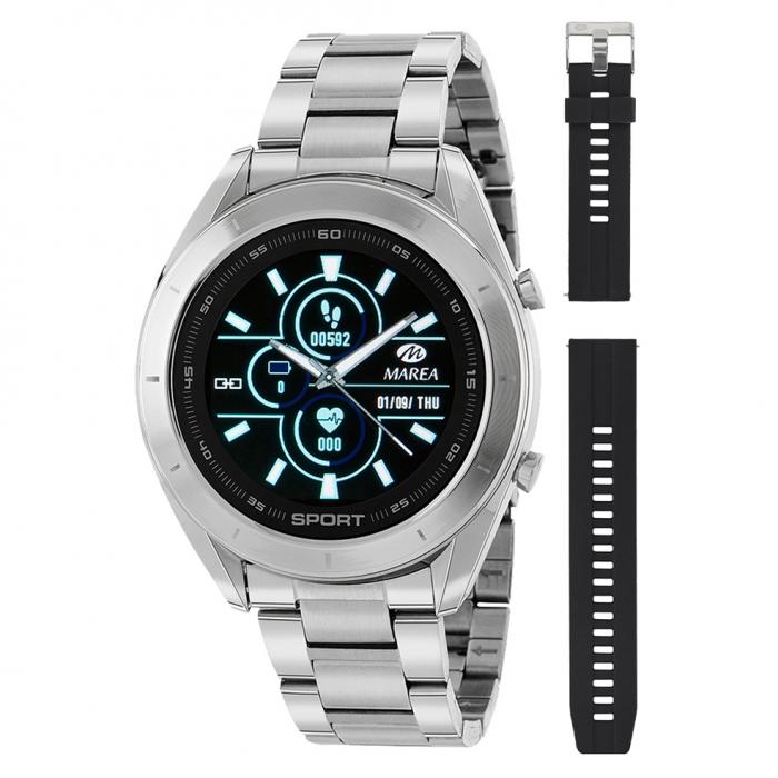 SKU-50527 / MAREA Smartwatch Silver Stainless Steel Bracelet & Black Rubber Strap Gift