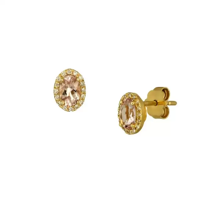 SKU-51152 / Σκουλαρίκια Ροζέτα Χρυσός Κ18 με Μοργκανίτη & Διαμάντια