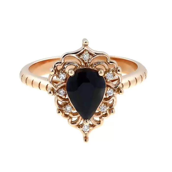 Δαχτυλίδι Vintage Ροζέτα Ροζ Χρυσός Κ18 με Μαύρο Ζαφείρι & Διαμάντια