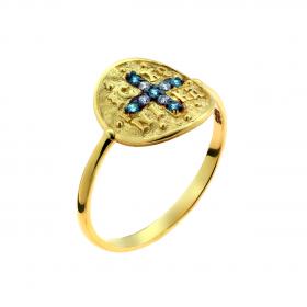 Δαχτυλίδι Κωνσταντινάτο Χρυσός Κ14 με Γαλάζια & Λευκά Ζιργκόν SKU-52369
