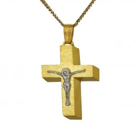 Σταυρός Βάπτισης Χρυσός & Λευκόχρυσος Κ14 με Τον Εσταυρωμένο SKU-52494