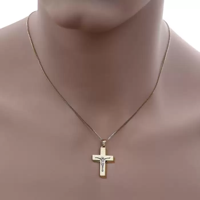 Σταυρός Βάπτισης Χρυσός & Λευκόχρυσος Κ14 με Τον Εσταυρωμένο SKU-52494