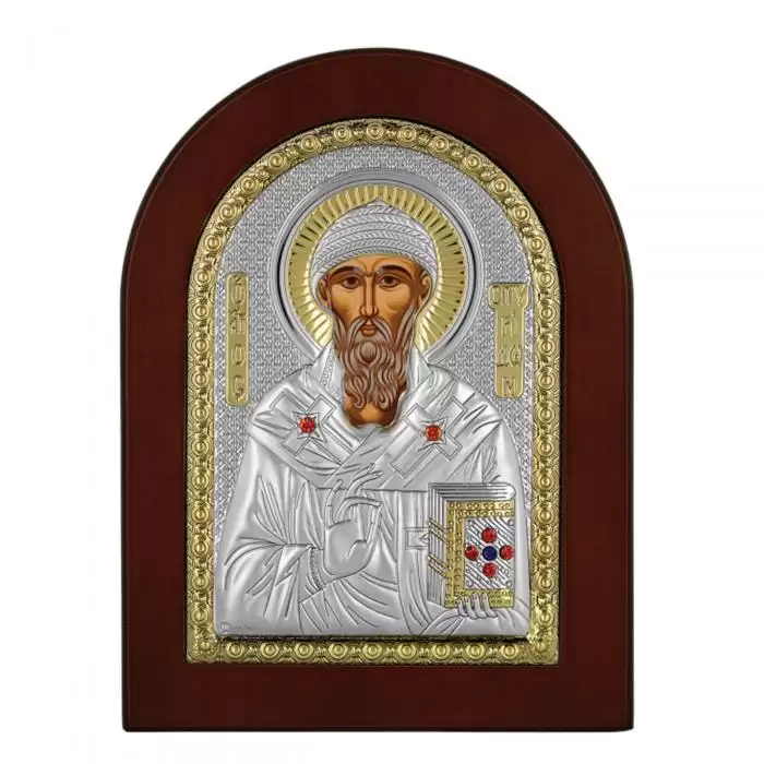 SKU-53139 / Ασημένια Εικόνα Prince Silvero Άγιος Σπυρίδωνας σε Λακαριστό Ξύλο
