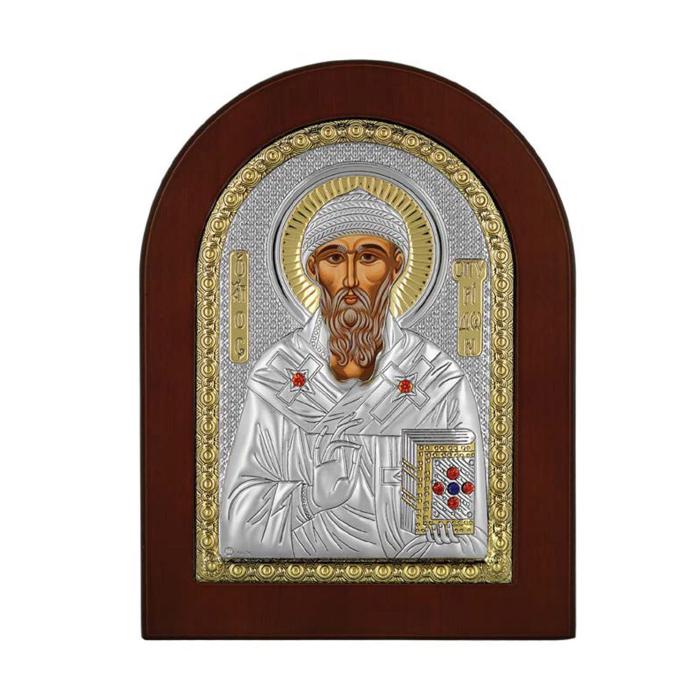 Ασημένια Εικόνα Prince Silvero Άγιος Σπυρίδωνας σε Λακαριστό Ξύλο